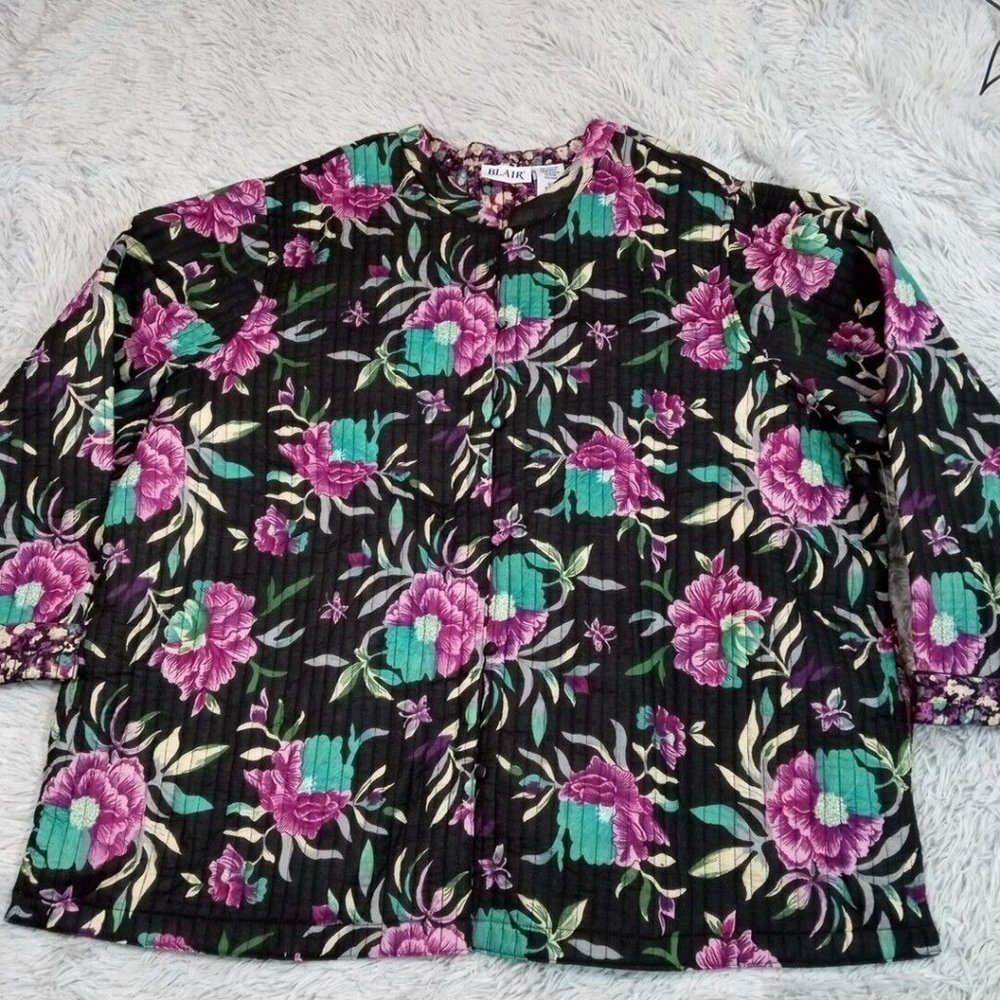 Blair Womens Reversible Jacket Multicolor ‎ Plus 3XL Floral Coat Pockets Casual